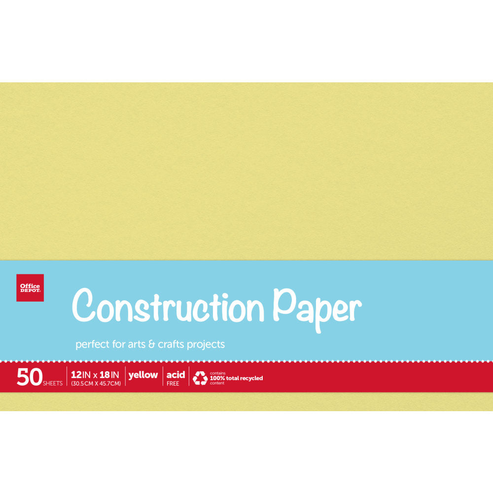 Office Depot Brand Construction Paper, 12in x 18in, 100% Recycled, Yellow, Pack Of 50 Sheets