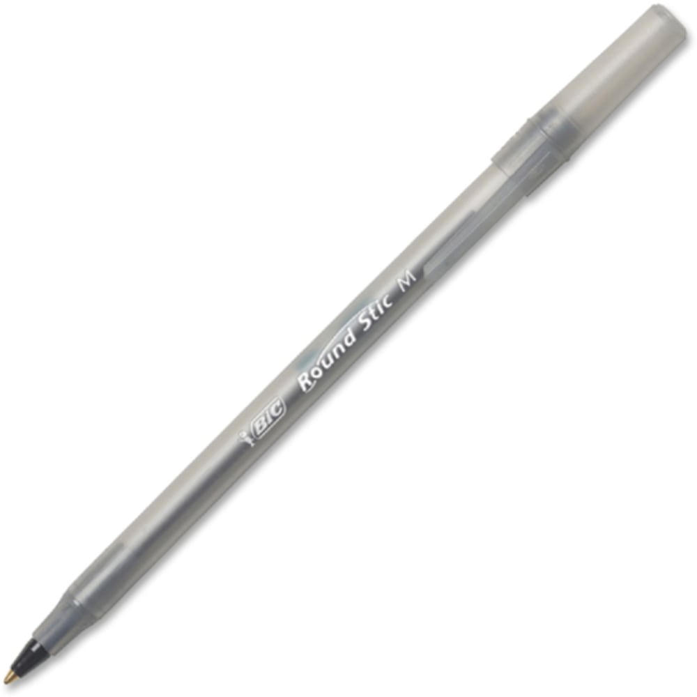 BIC Round Stic Xtra Life Ballpoint Pens, Medium Point, 1.0 mm, Translucent Black Barrels, Black Ink, Pack Of 10 Pens