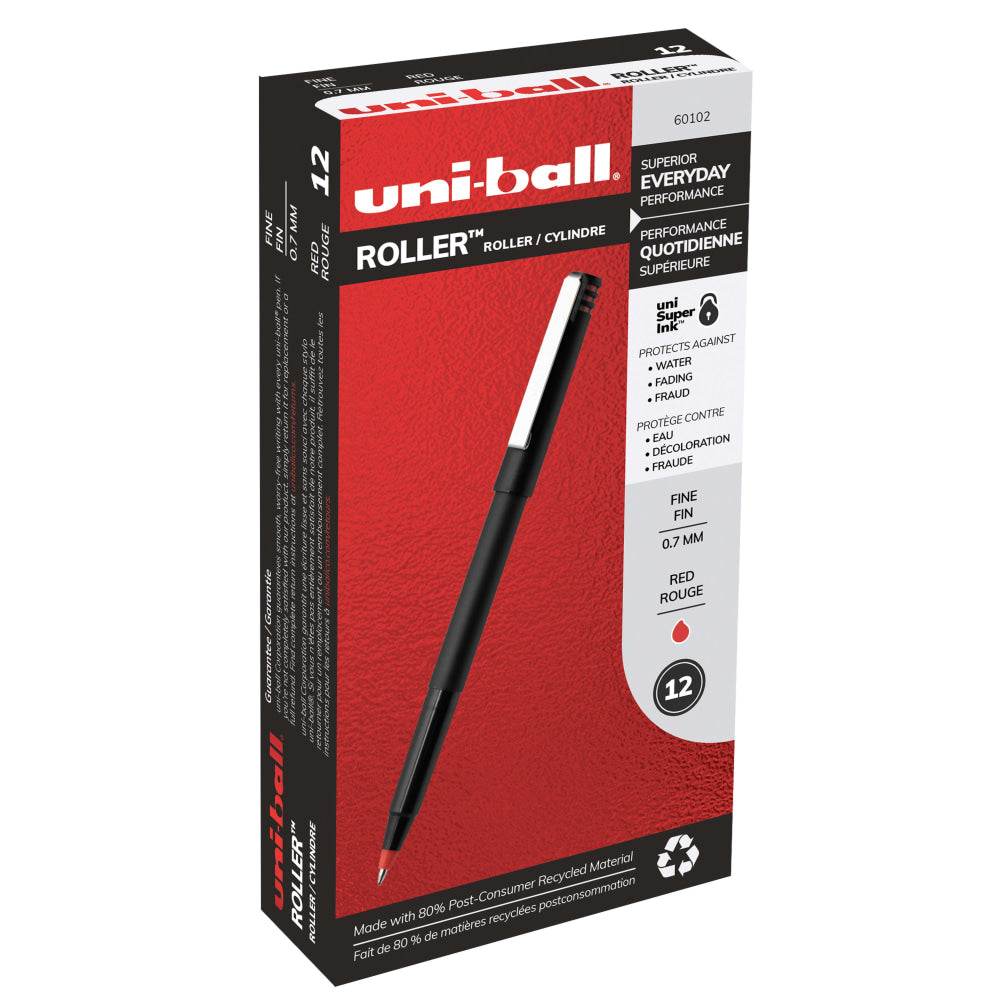 uni-ball Rollerball Pens, Fine Point, 0.7 mm, 80% Recycled, Black Barrel, Red Ink, Pack Of 12 Pens