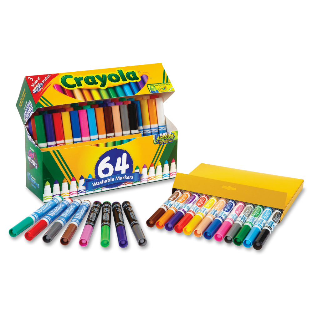 Crayola Washable Markers, Set Of 64 Markers, Conical Point, Assorted Colors