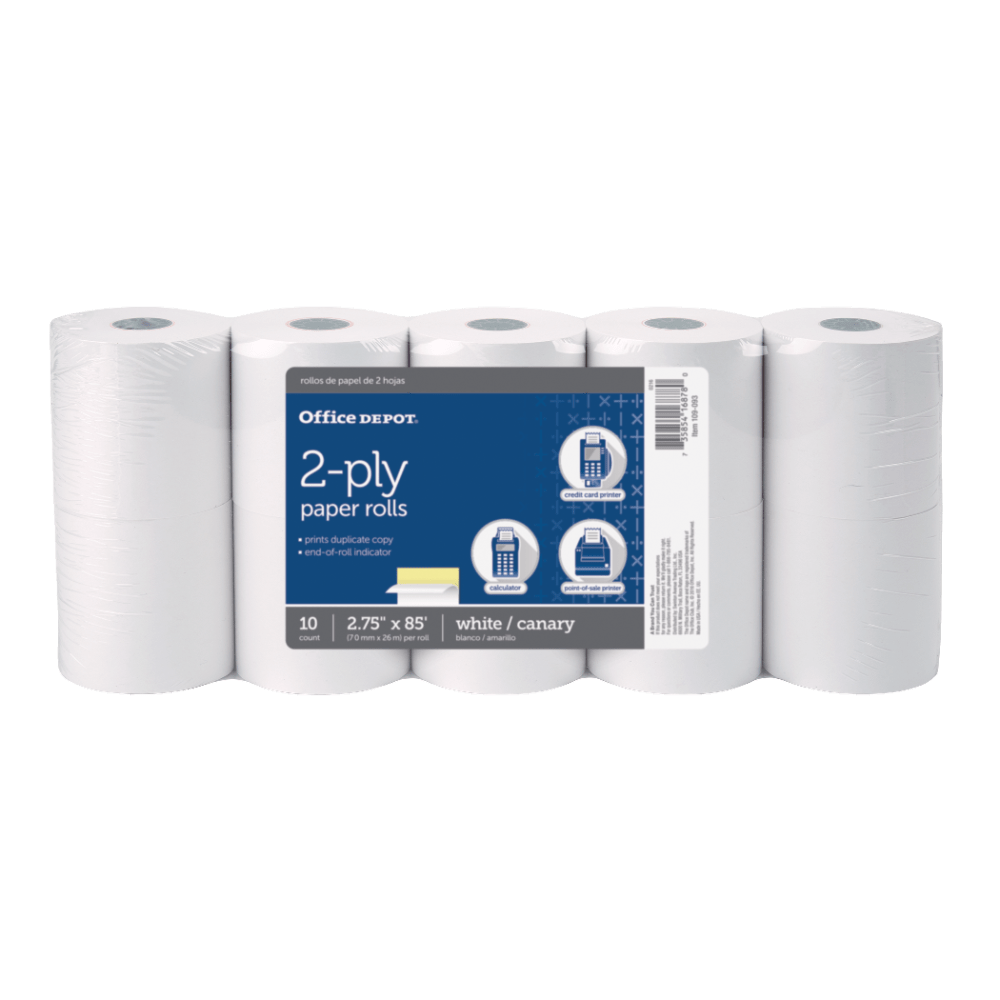 Office Depot Brand 2-Ply Paper Rolls, 2-3/4in x 85ft, Canary/White, Pack Of 10