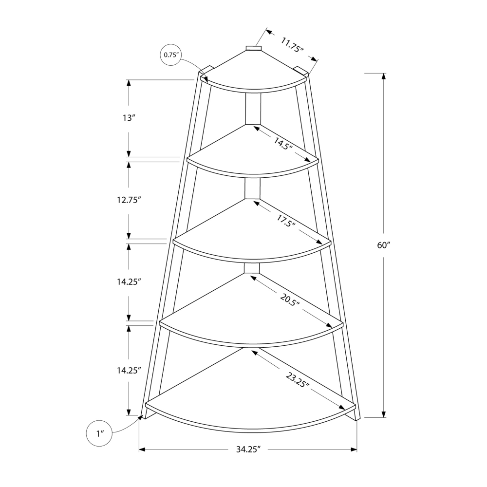Monarch Specialties 60inH 4-Shelf Etagere Corner Bookcase, Dark Taupe