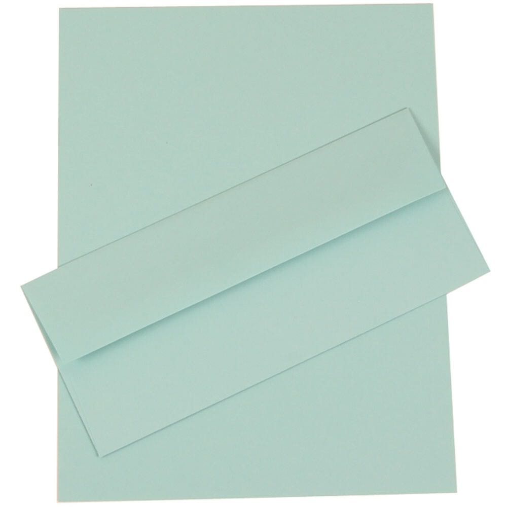 JAM Paper Business Stationery Set, 8 1/2in x 11in, Aqua, Set Of 50 Sheets And 50 Envelopes