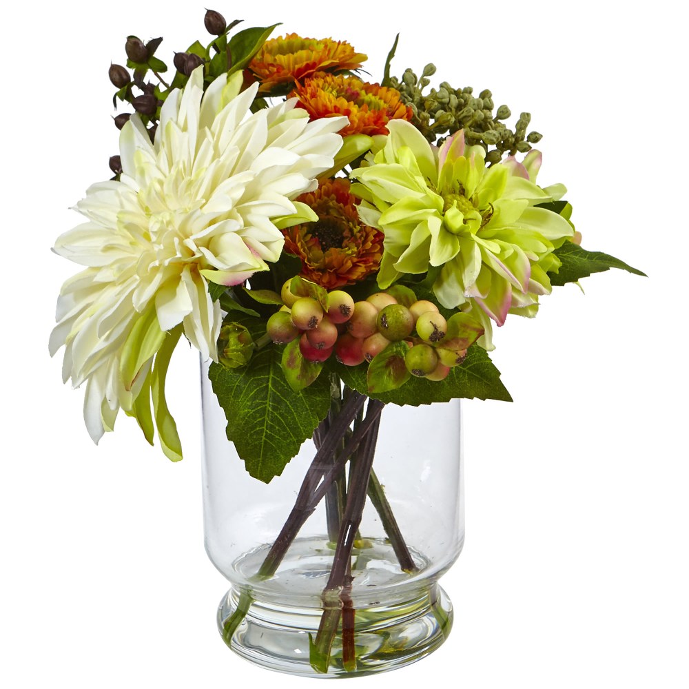 Nearly Natural Mixed Dahlia And Mum 10-1/2inH Plastic Floral Arrangement With Glass Vase, 10-1/2inH x 9-1/2inW x 7-1/2inD, White/Orange