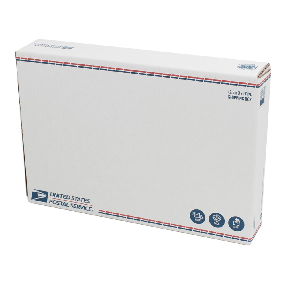 United States Post Office Fold-Over Flap Shipping Boxes, 12-1/4in x 3in x 17-5/8in, White/Blue/Red, Pack Of 20 Boxes