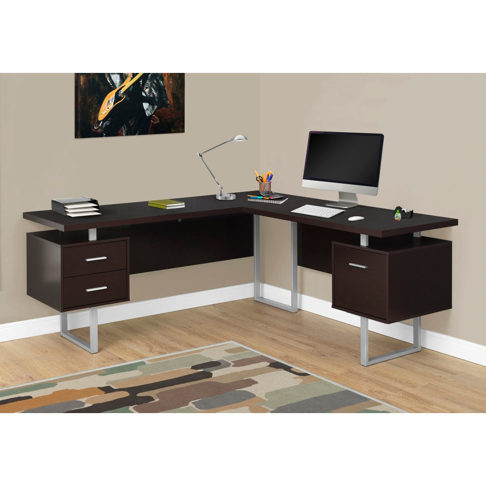 Monarch Specialties 71inW L-Shaped Corner Desk With 2 Drawers, Cappuccino