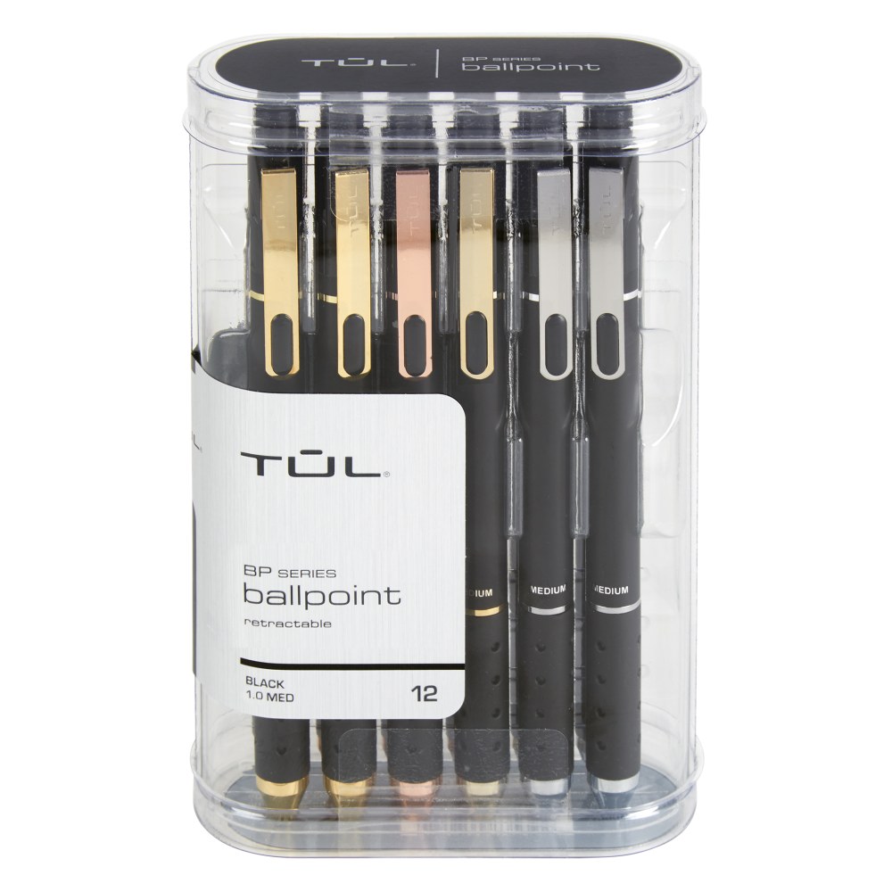 TUL BP Series Retractable Ballpoint Pens, Medium Point, 1.0 mm, Black Barrel, Black Ink, Pack Of 12 Pens