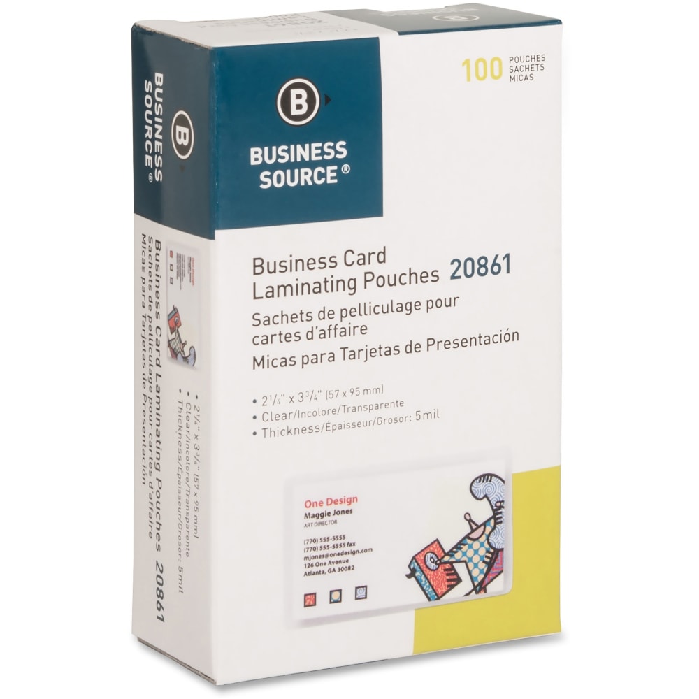 Business Source 5 mil Business Card Laminating Pouches - Laminating Pouch/Sheet Size: 2.25in Width x 3.75in Length x 5 mil Thickness - for Business Card - Pre-trimmed, Moisture Resistant, Fade Resistant - Clear - 100 / Box