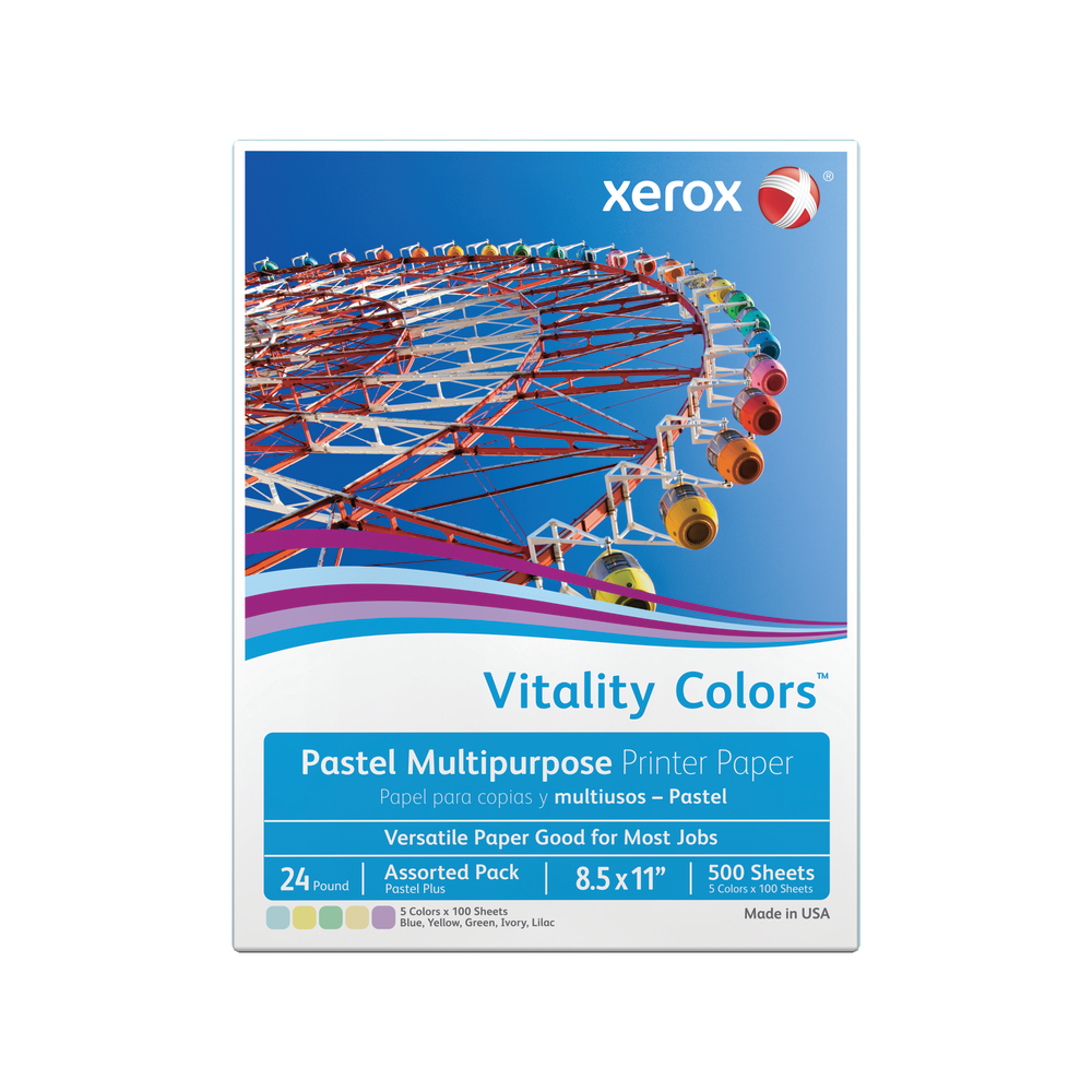 Xerox Vitality Colors Pastel Plus Color Multi-Use Printer & Copy Paper, Assorted, Letter (8.5in x 11in), 500 Sheets Per Ream, 24 Lb, 30% Recycled