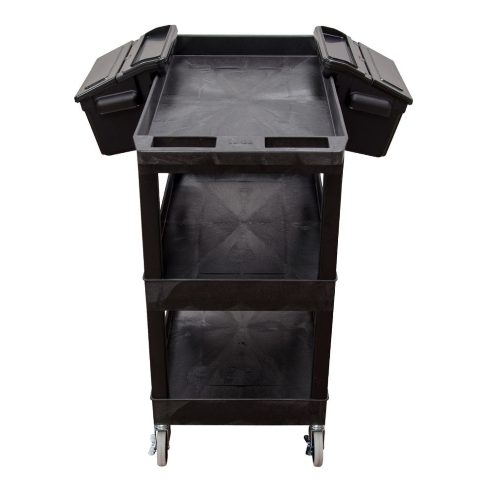 Luxor E-Series 3-Tub Plastic Utility Cart, With Outrigger Accessory Bins, 36-1/4inH x 24inW x 18inD, Black