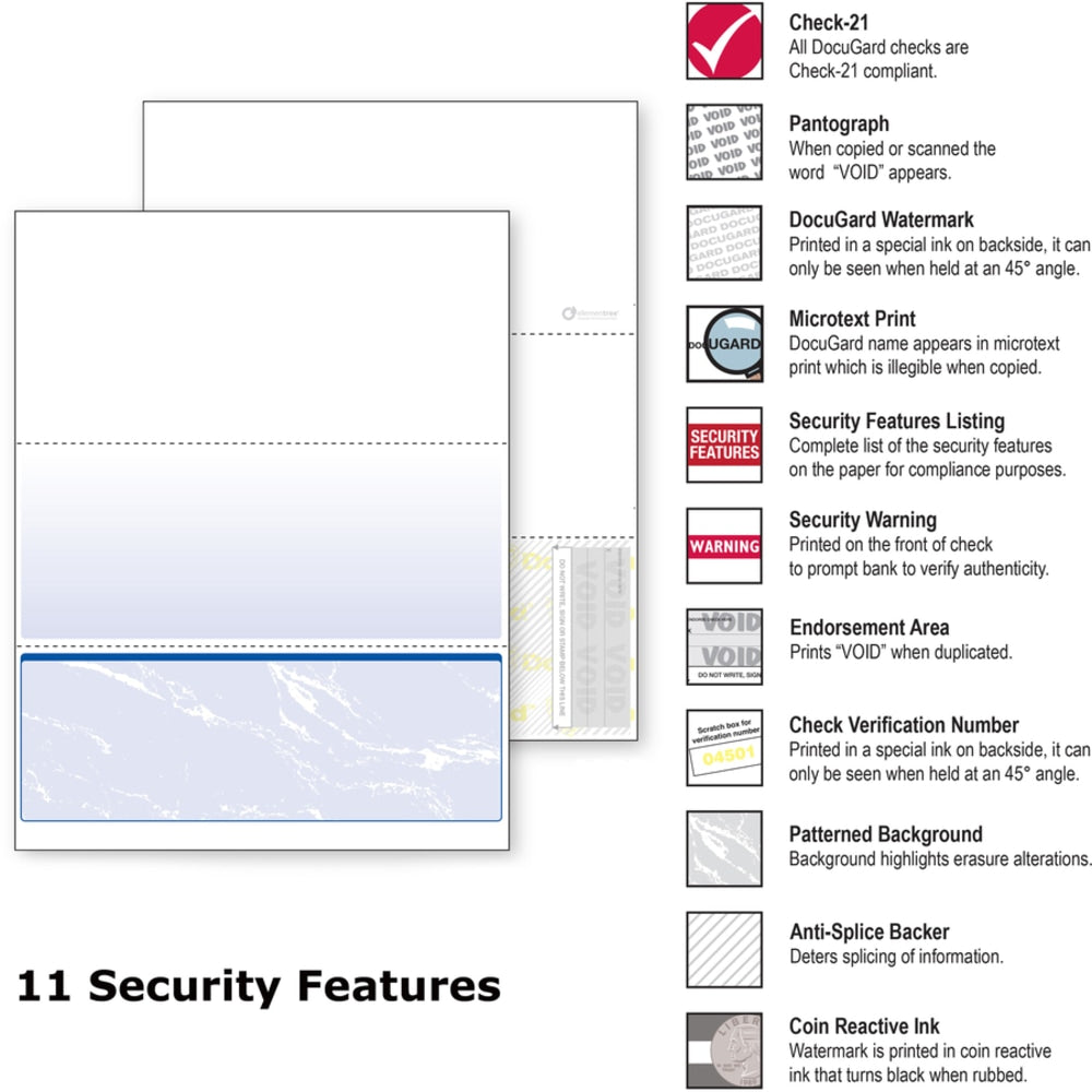 DocuGard Security Business Checks - Letter - 8 1/2in x 11in - 24 lb Basis Weight - Smooth - 500 / Ream - Erasure Protection, Watermarked - Marble Blue