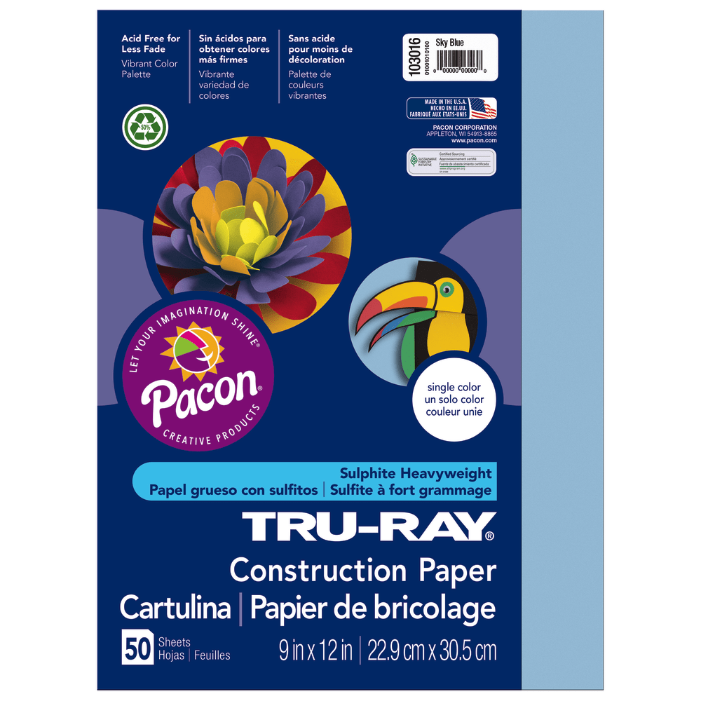 Tru-Ray Construction Paper, 50% Recycled, 9in x 12in, Sky Blue, Pack Of 50