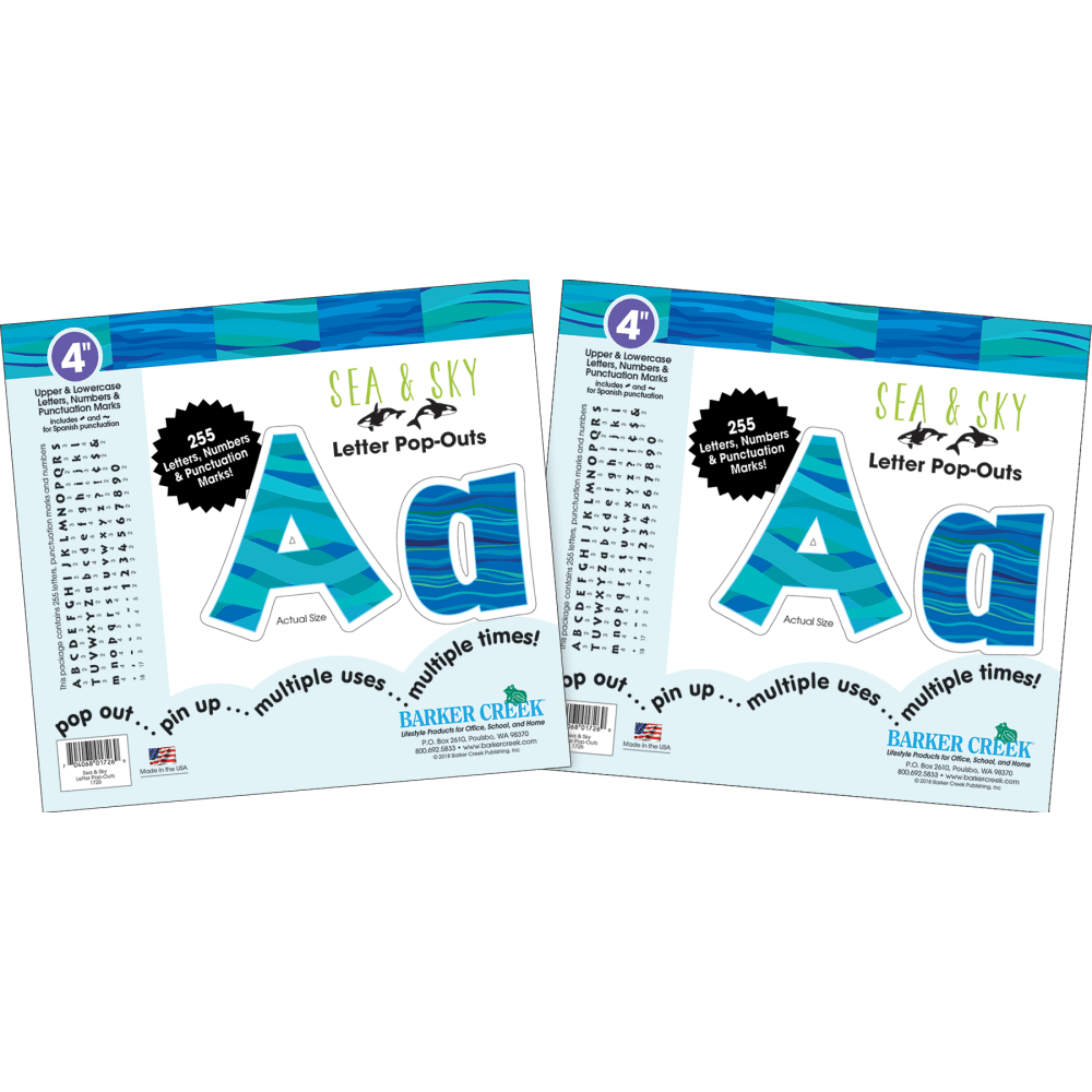 Barker Creek Letter Pop-Outs, 4in, Sea & Sky, 255 Characters Per Pack, Set Of 2 Packs