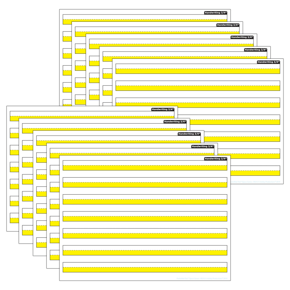 Ashley Productions Smart Poly PosterMat Pals Space Savers, 13in x 9-1/2in, 3/4in Handwriting Highlighted Yellow, Pack Of 10 Pieces
