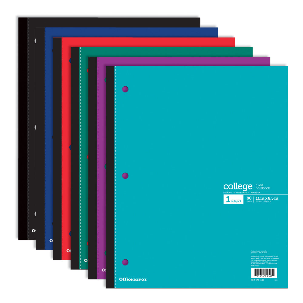 Office Depot Brand Wireless Notebook, 8 1/2in x 11in, 1 Subject, College Ruled, 80 Sheets, Assorted Colors