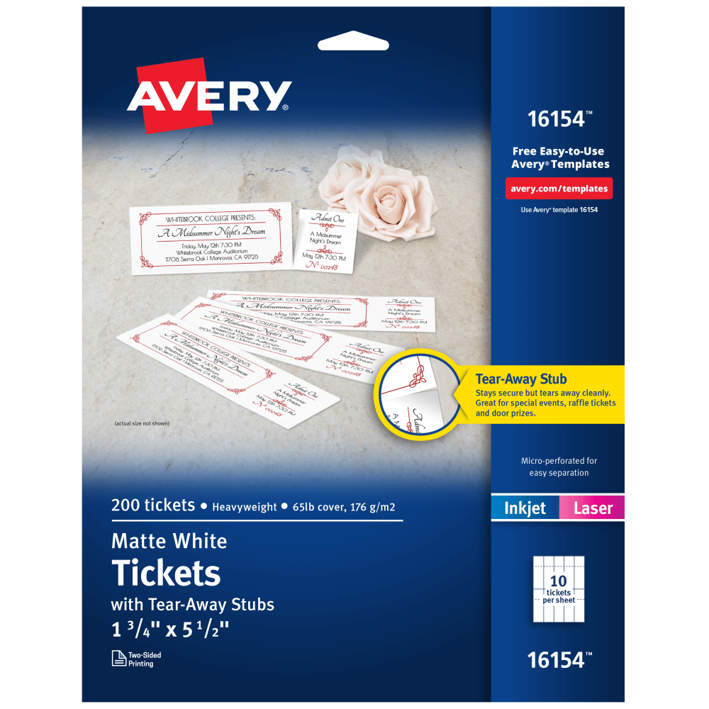 Avery Printable Tickets, 1 3/4in x 5 1/2in, White, Pack Of 200 Tickets