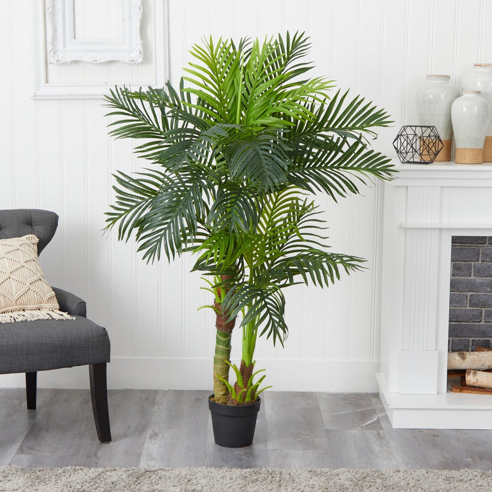 Nearly Natural Double Stalk Hawaii Palm 60inH Artificial Tree With Pot, 60inH x 11inW x 11inD, Green