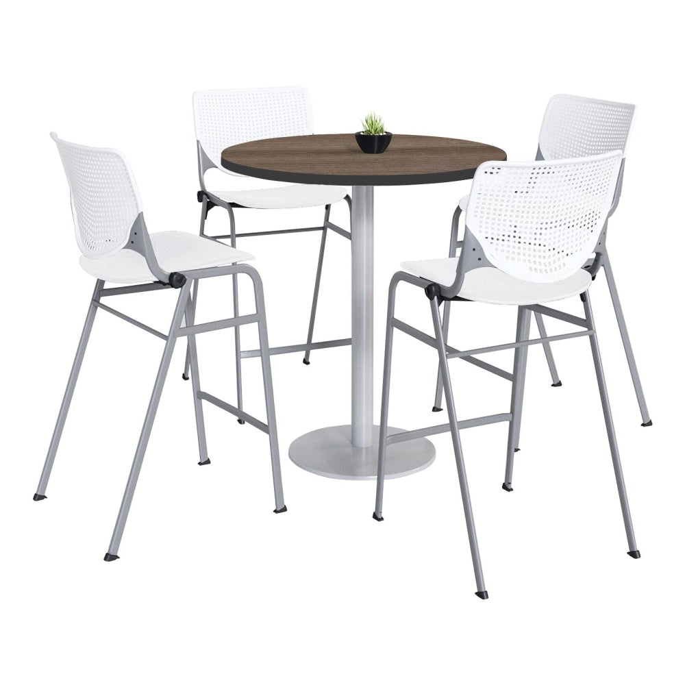 KFI Studios KOOL Round Pedestal Table With 4 Stacking Chairs, 41inH x 36inD, Studio Teak/White