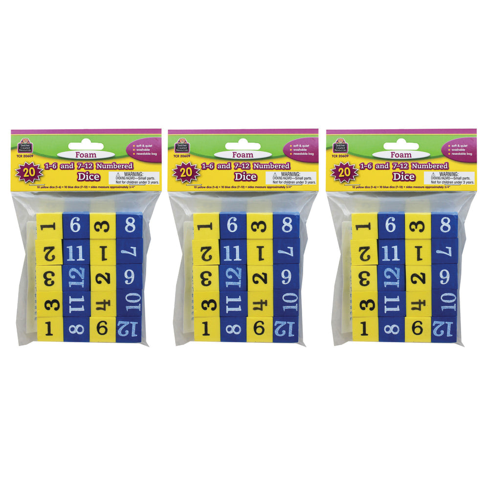 Teacher Created Resources Foam 1-12 Numbered Dice, 3/4in, Blue/Yellow, 20 Dice Per Pack, Case Of 3 Packs