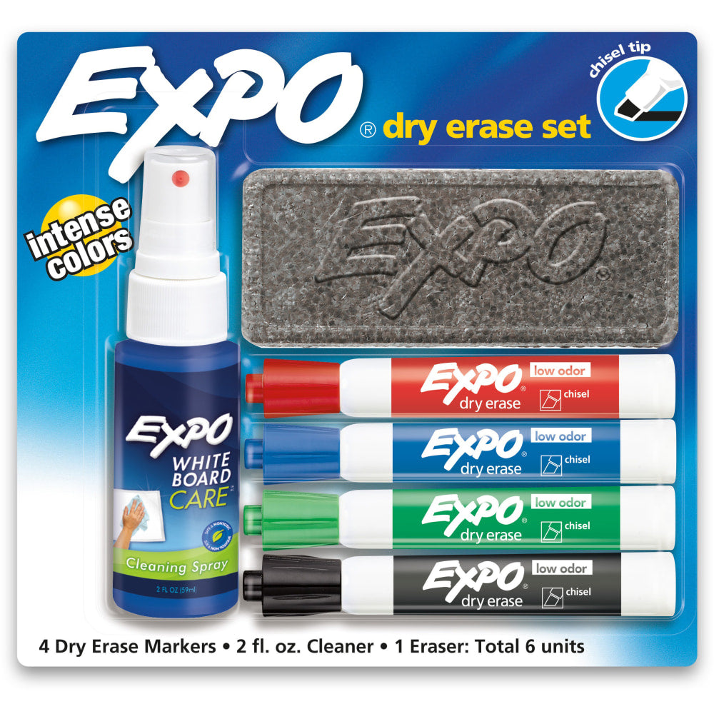 EXPO Dry-Erase Starter Kit, Low Odor, Chisel-Tip, Assorted Ink Colors, Pack Of 4 Markers